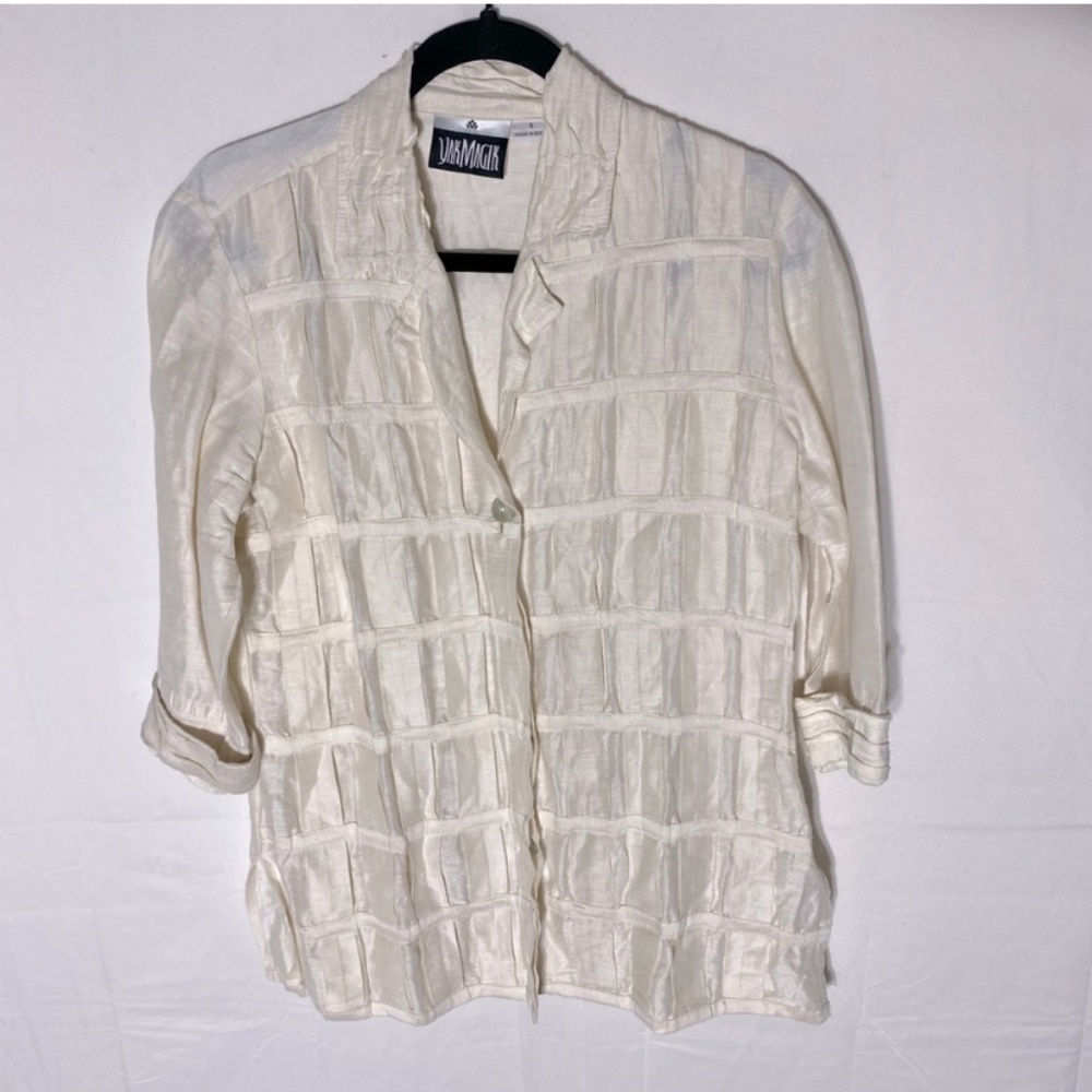 Yak Magic Cream Silk Textured Button Front Half Sleeve Blazer Shirt S